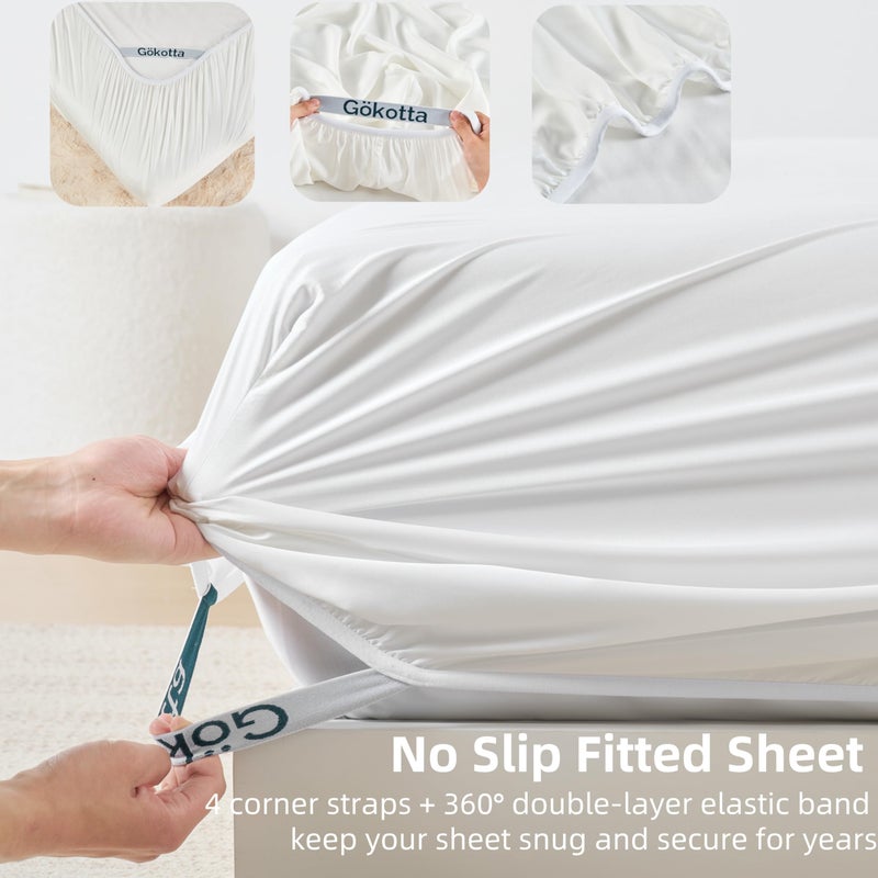 GOKOTTA Full Size Bed Sheets 4 Piece Set, 100% Rayon Derived from Bamboo, Cooling for Hot Sleepers-Luxury Breathable Soft Sheets, Deep Pocket 15" Fitted Sheet with Elastic Corner Straps, Cream White - Image 5